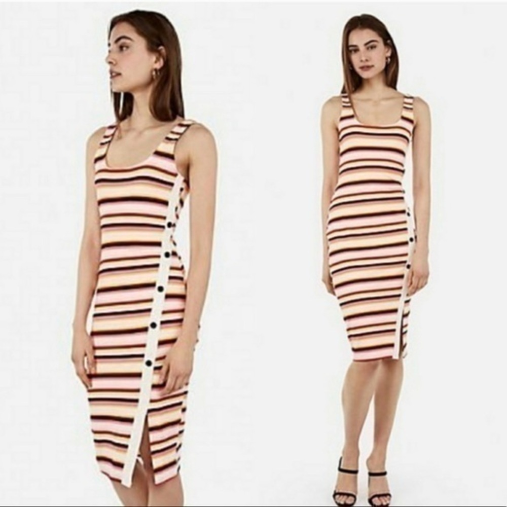 Express Stripped Asymmetrical Button Front Midi B… - image 1